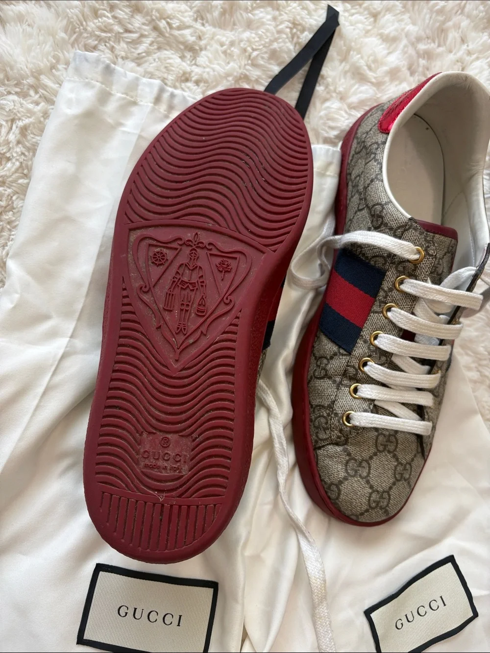 Gucci Beige GG Supreme Canvas Sneakers with Red & Blue Stripe